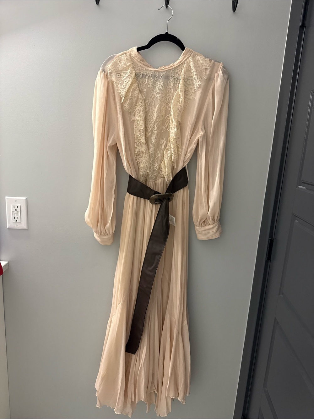 Zara Cream Lace Long Sleeve Maxi Dress with Brown Sash